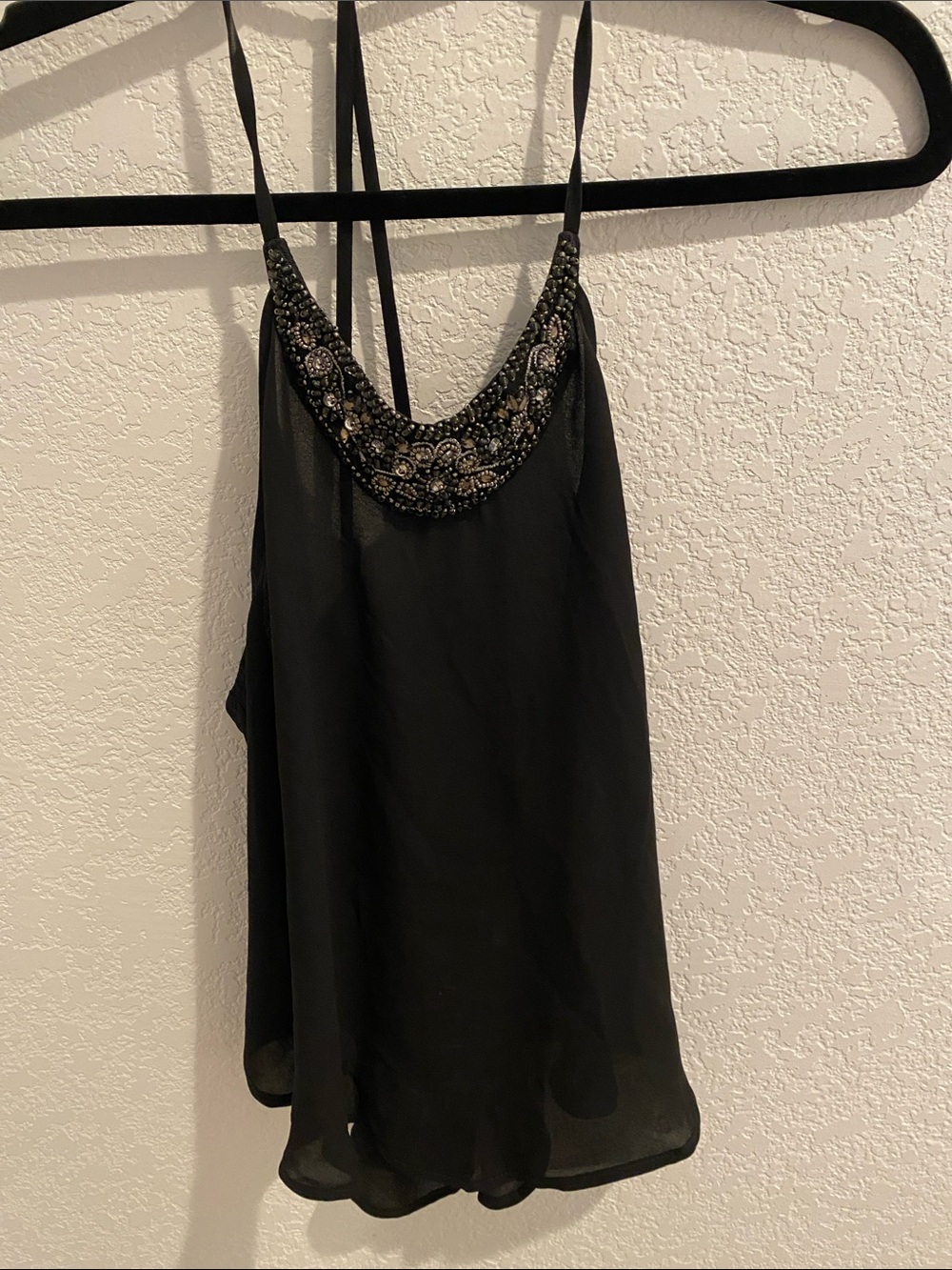 Astr Embellished Black Beaded Spaghetti-Strap Tank